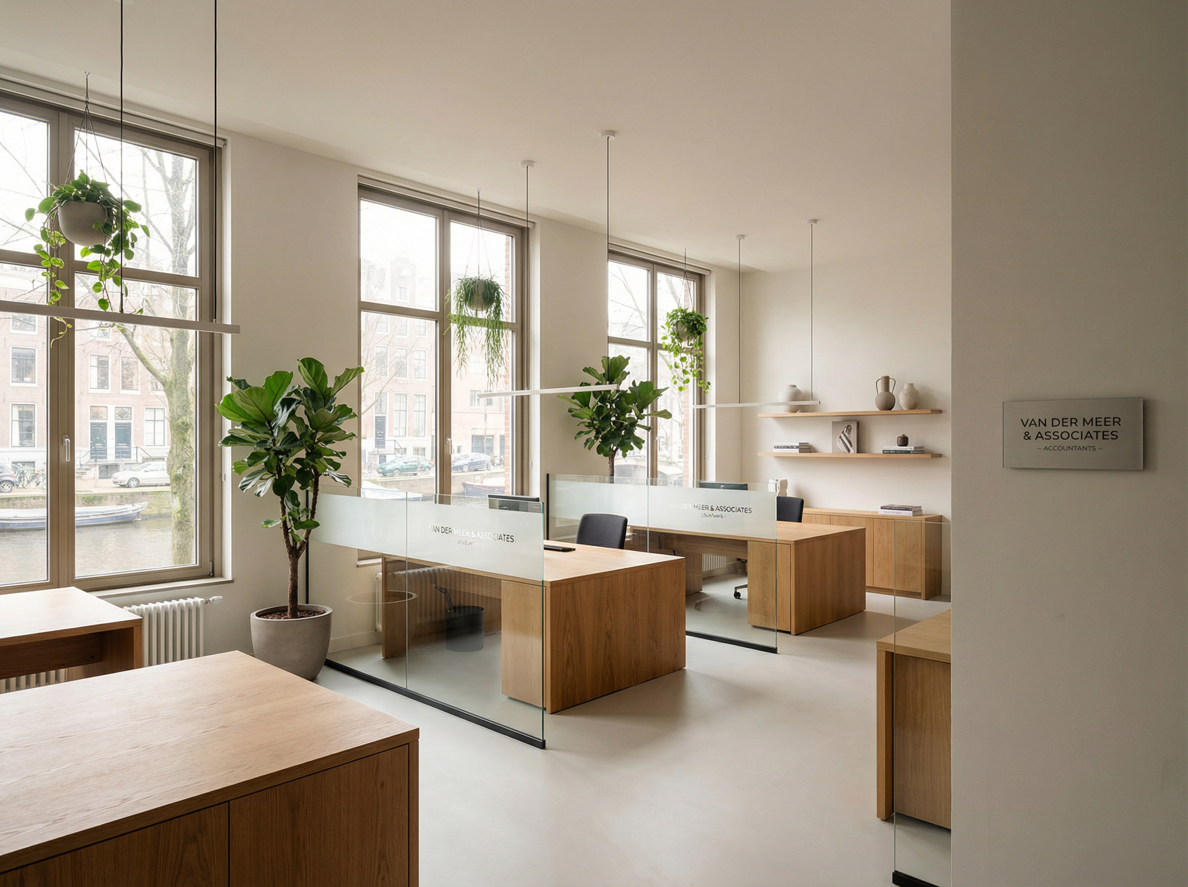 Modern interieur van een boutique boekhoudkantoor in Amsterdam met glazen wanden en groene planten